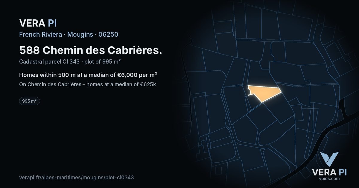 588 Chemin des Cabrières, Mougins at night – the plot lit, the parcels around coloured by the prices near them