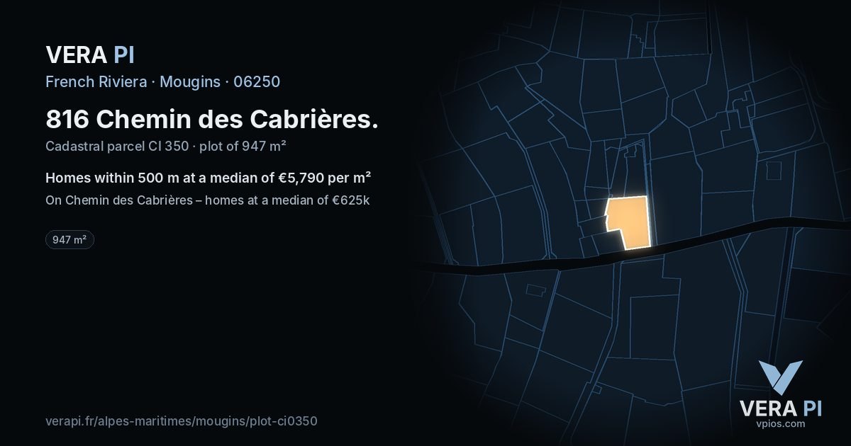 816 Chemin des Cabrières, Mougins at night – the plot lit, the parcels around coloured by the prices near them