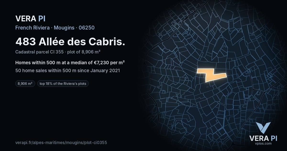 483 Allée des Cabris, Mougins at night – the plot lit, the parcels around coloured by the prices near them