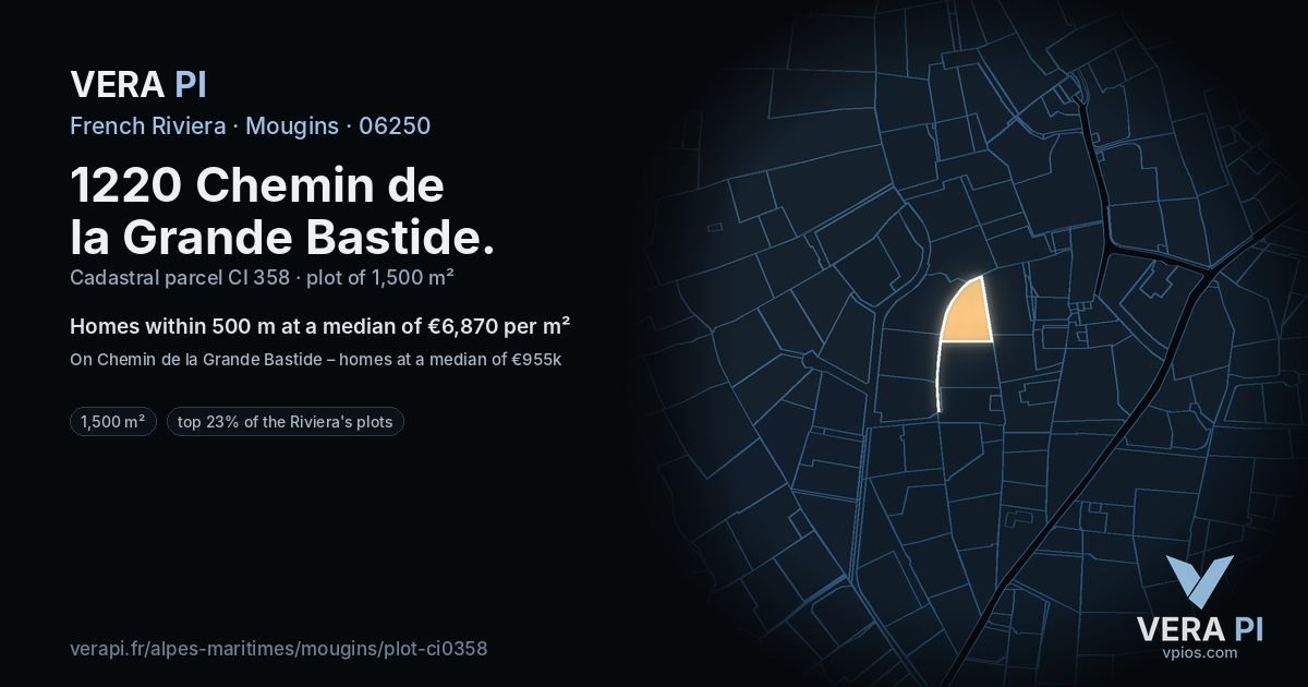 1220 Chemin de la Grande Bastide, Mougins at night – the plot lit, the parcels around coloured by the prices near them