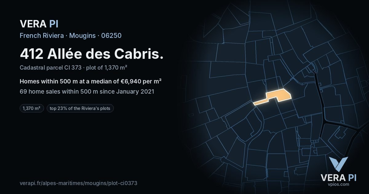 412 Allée des Cabris, Mougins at night – the plot lit, the parcels around coloured by the prices near them