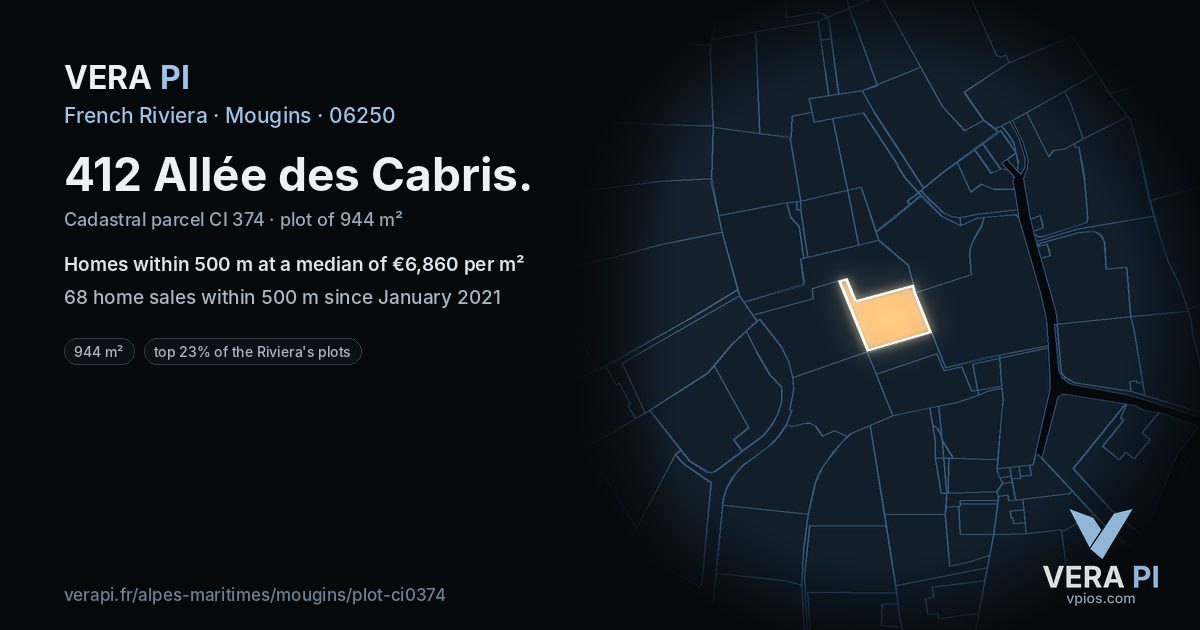 412 Allée des Cabris, Mougins at night – the plot lit, the parcels around coloured by the prices near them