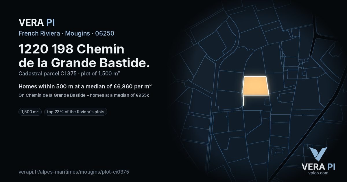 1220 198 Chemin de la Grande Bastide, Mougins at night – the plot lit, the parcels around coloured by the prices near them