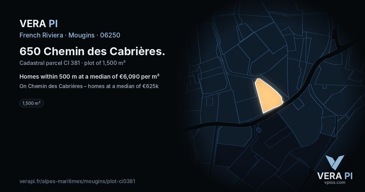 650 Chemin des Cabrières, Mougins at night – the plot lit, the parcels around coloured by the prices near them