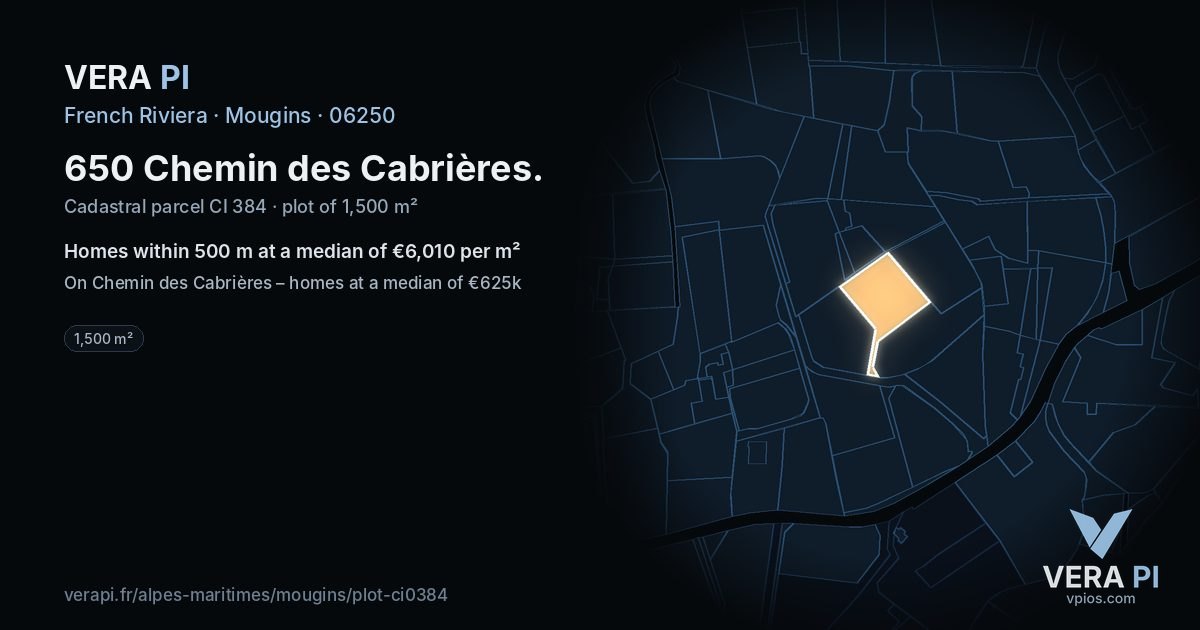 650 Chemin des Cabrières, Mougins at night – the plot lit, the parcels around coloured by the prices near them