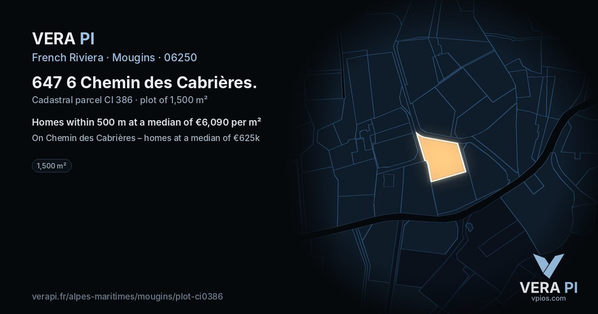 647 6 Chemin des Cabrières, Mougins at night – the plot lit, the parcels around coloured by the prices near them