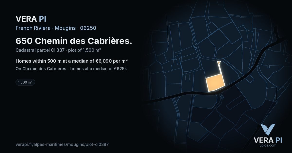 650 Chemin des Cabrières, Mougins at night – the plot lit, the parcels around coloured by the prices near them