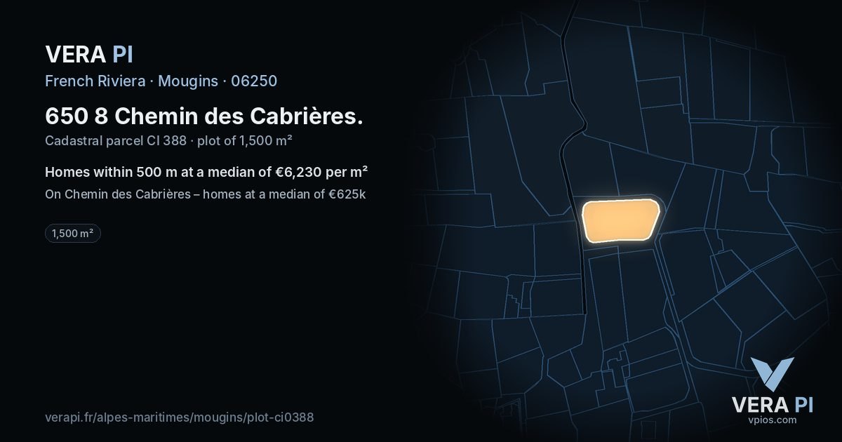 650 8 Chemin des Cabrières, Mougins at night – the plot lit, the parcels around coloured by the prices near them