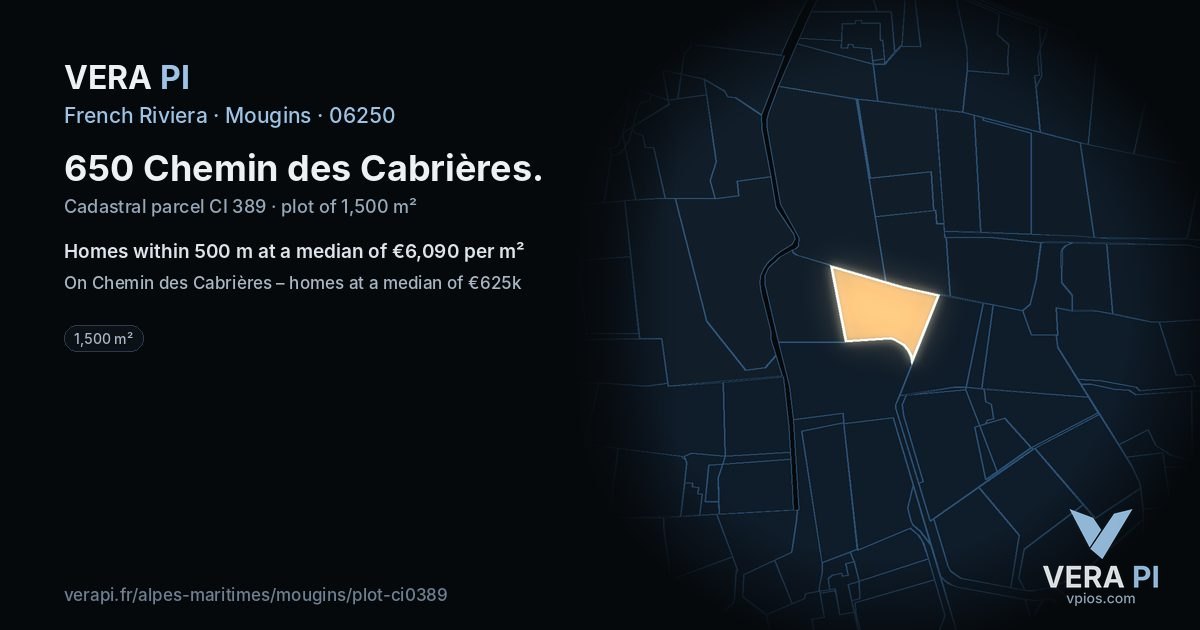 650 Chemin des Cabrières, Mougins at night – the plot lit, the parcels around coloured by the prices near them