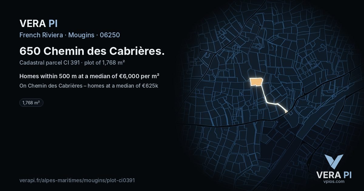 650 Chemin des Cabrières, Mougins at night – the plot lit, the parcels around coloured by the prices near them