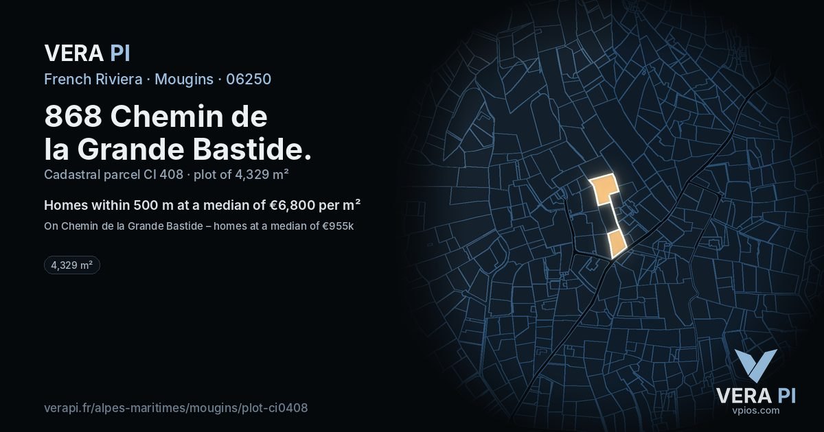 868 Chemin de la Grande Bastide, Mougins at night – the plot lit, the parcels around coloured by the prices near them