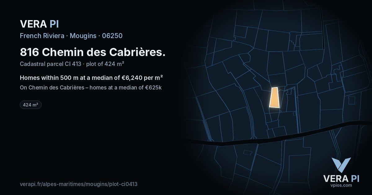 816 Chemin des Cabrières, Mougins at night – the plot lit, the parcels around coloured by the prices near them