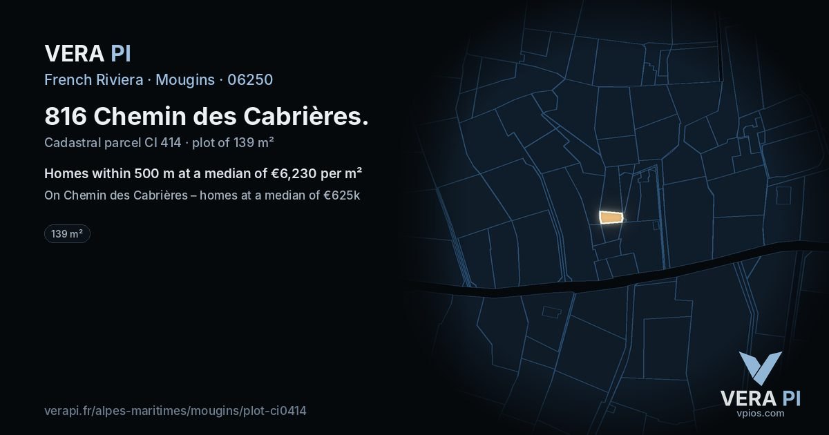 816 Chemin des Cabrières, Mougins at night – the plot lit, the parcels around coloured by the prices near them