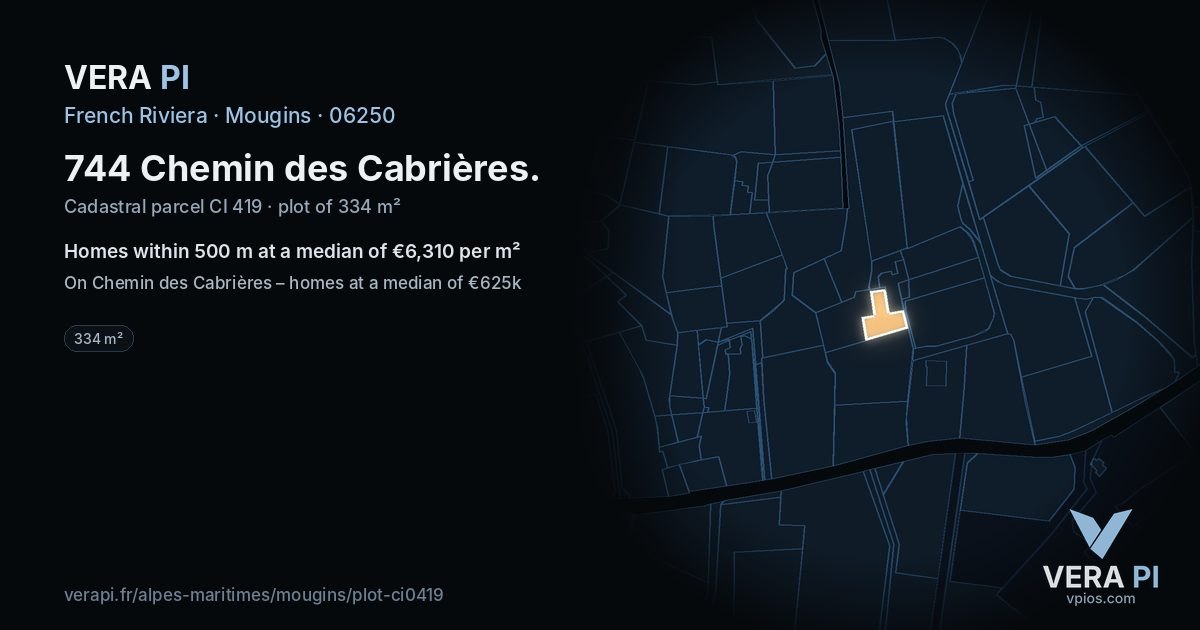 744 Chemin des Cabrières, Mougins at night – the plot lit, the parcels around coloured by the prices near them