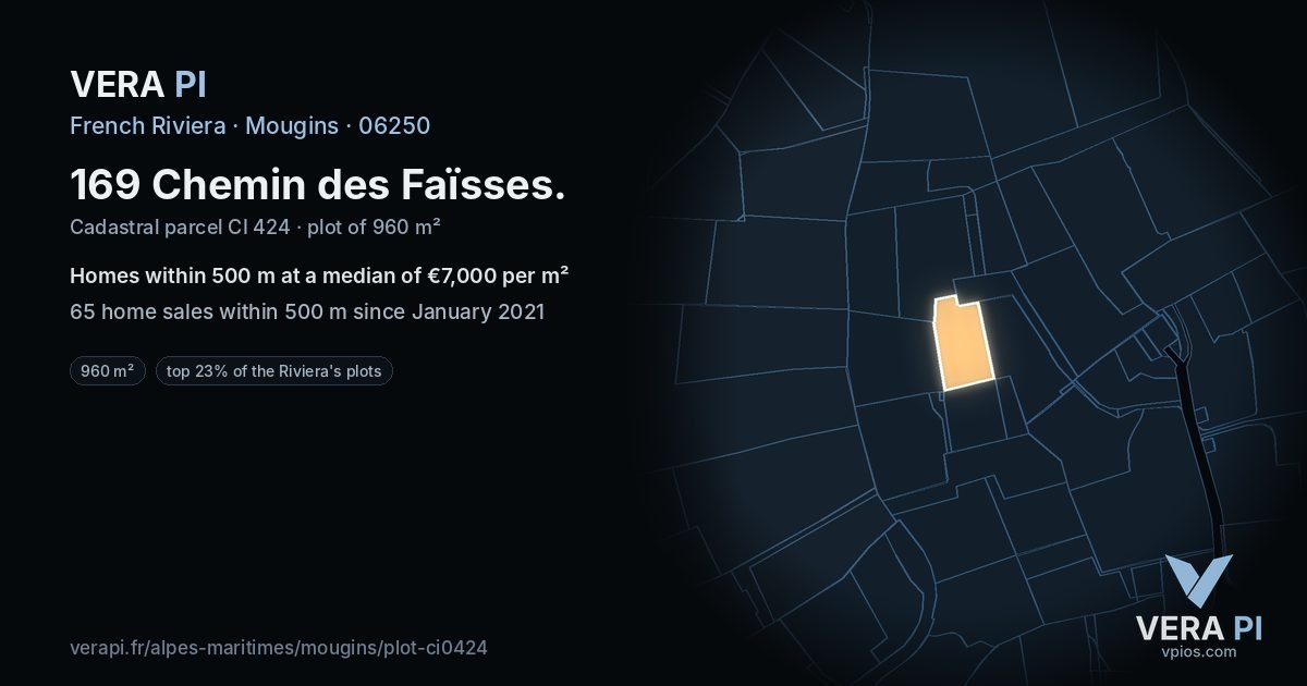 169 Chemin des Faïsses, Mougins at night – the plot lit, the parcels around coloured by the prices near them