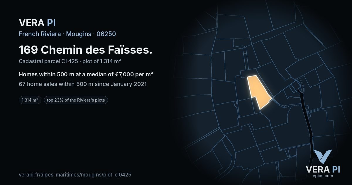 169 Chemin des Faïsses, Mougins at night – the plot lit, the parcels around coloured by the prices near them