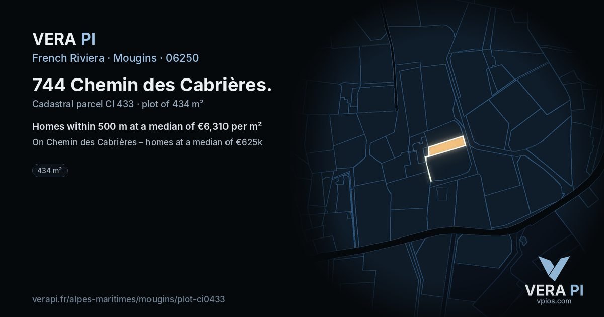 744 Chemin des Cabrières, Mougins at night – the plot lit, the parcels around coloured by the prices near them