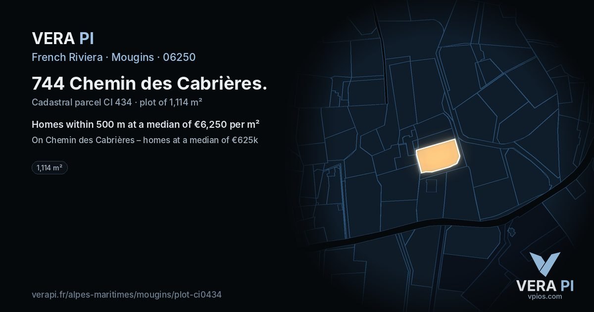 744 Chemin des Cabrières, Mougins at night – the plot lit, the parcels around coloured by the prices near them