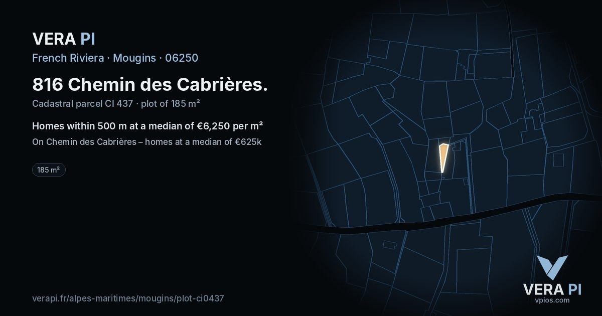 816 Chemin des Cabrières, Mougins at night – the plot lit, the parcels around coloured by the prices near them