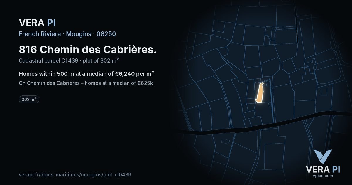 816 Chemin des Cabrières, Mougins at night – the plot lit, the parcels around coloured by the prices near them