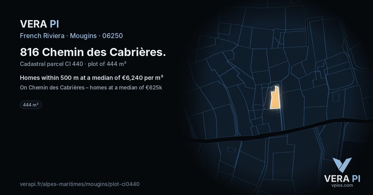 816 Chemin des Cabrières, Mougins at night – the plot lit, the parcels around coloured by the prices near them