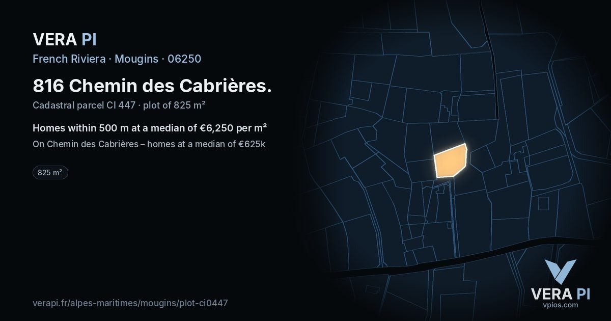 816 Chemin des Cabrières, Mougins at night – the plot lit, the parcels around coloured by the prices near them