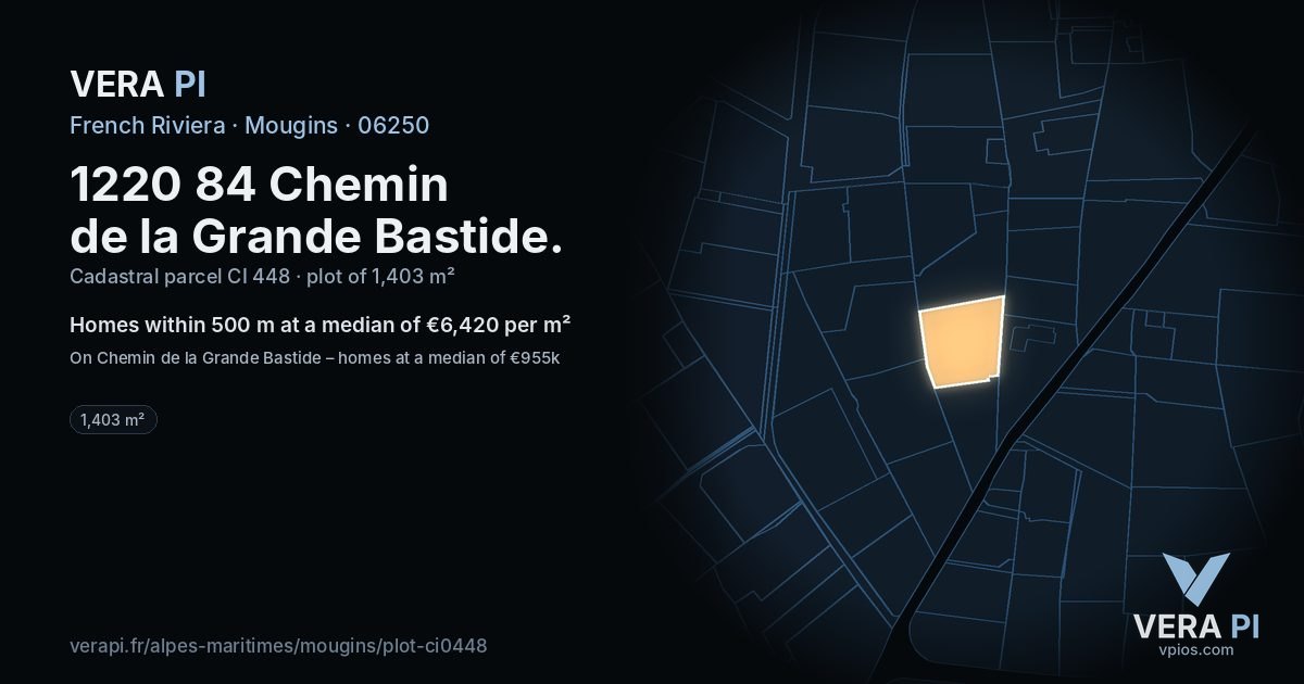 1220 84 Chemin de la Grande Bastide, Mougins at night – the plot lit, the parcels around coloured by the prices near them