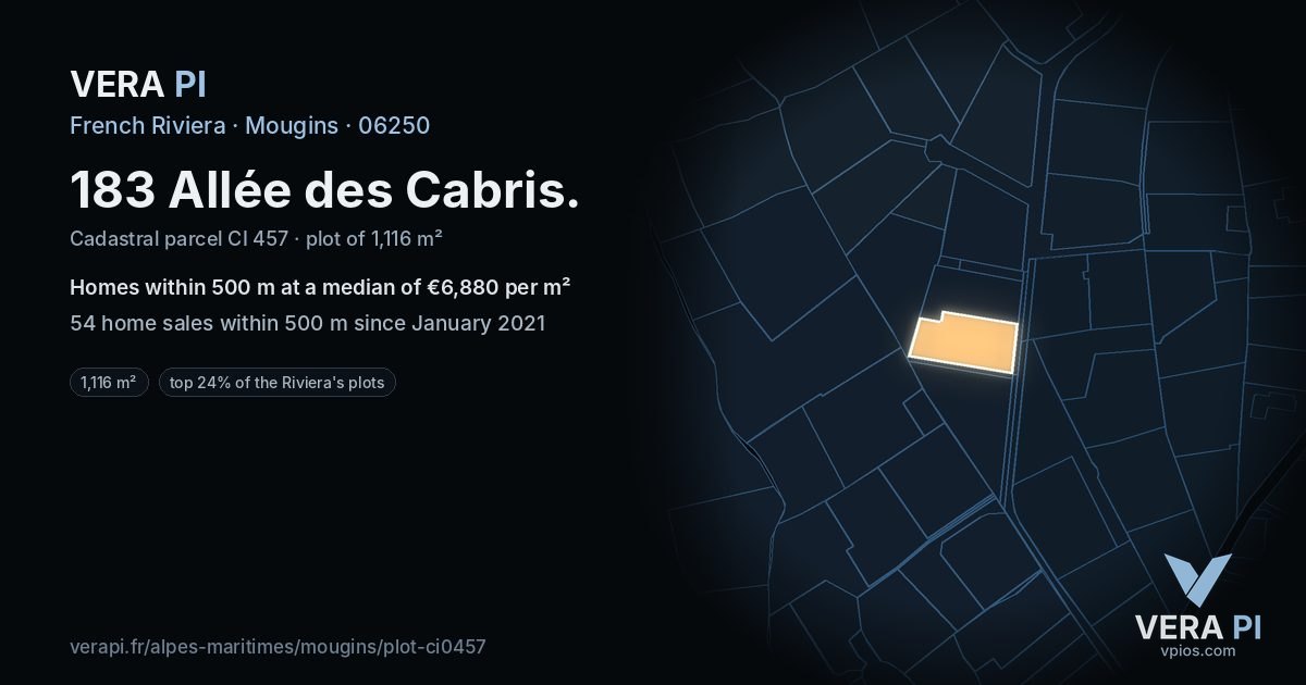 183 Allée des Cabris, Mougins at night – the plot lit, the parcels around coloured by the prices near them