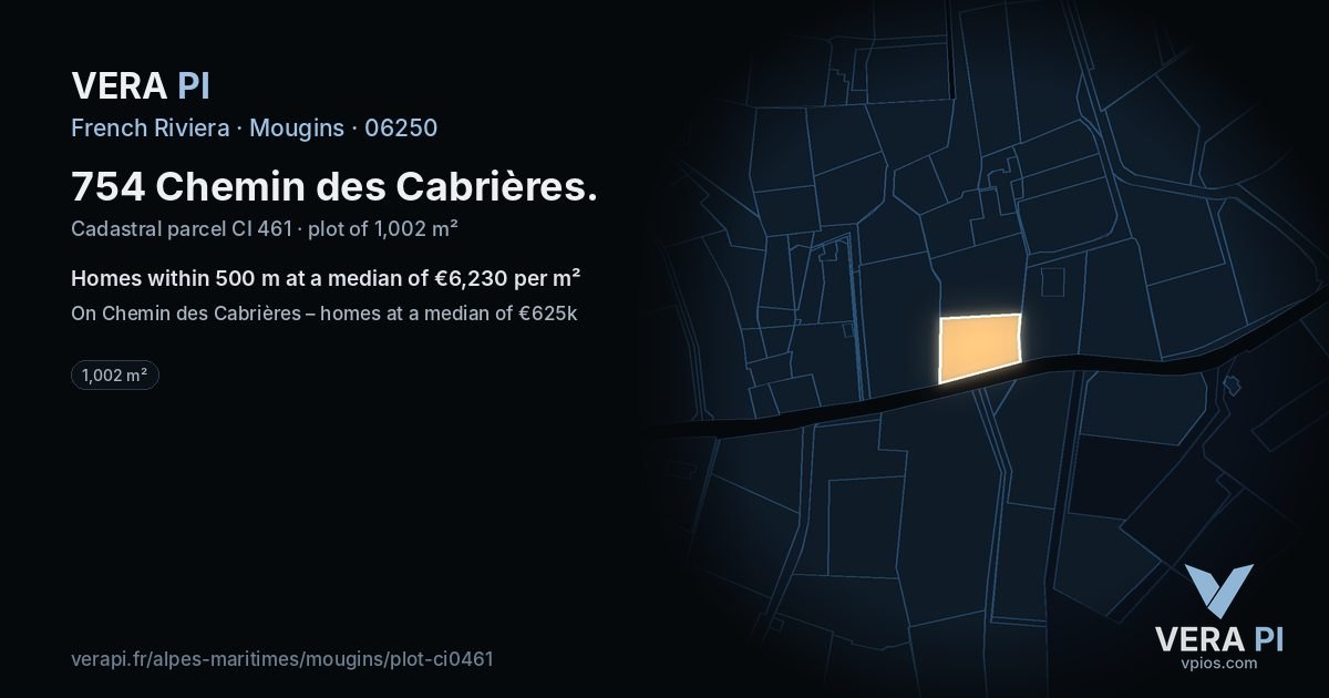 754 Chemin des Cabrières, Mougins at night – the plot lit, the parcels around coloured by the prices near them