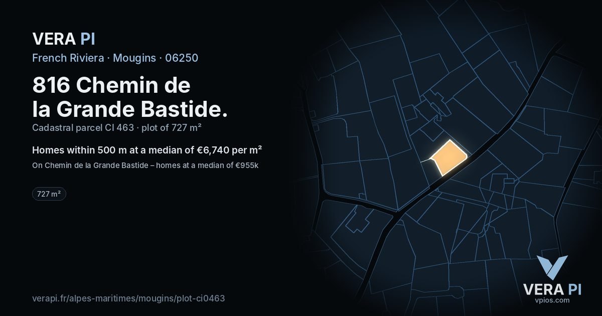 816 Chemin de la Grande Bastide, Mougins at night – the plot lit, the parcels around coloured by the prices near them