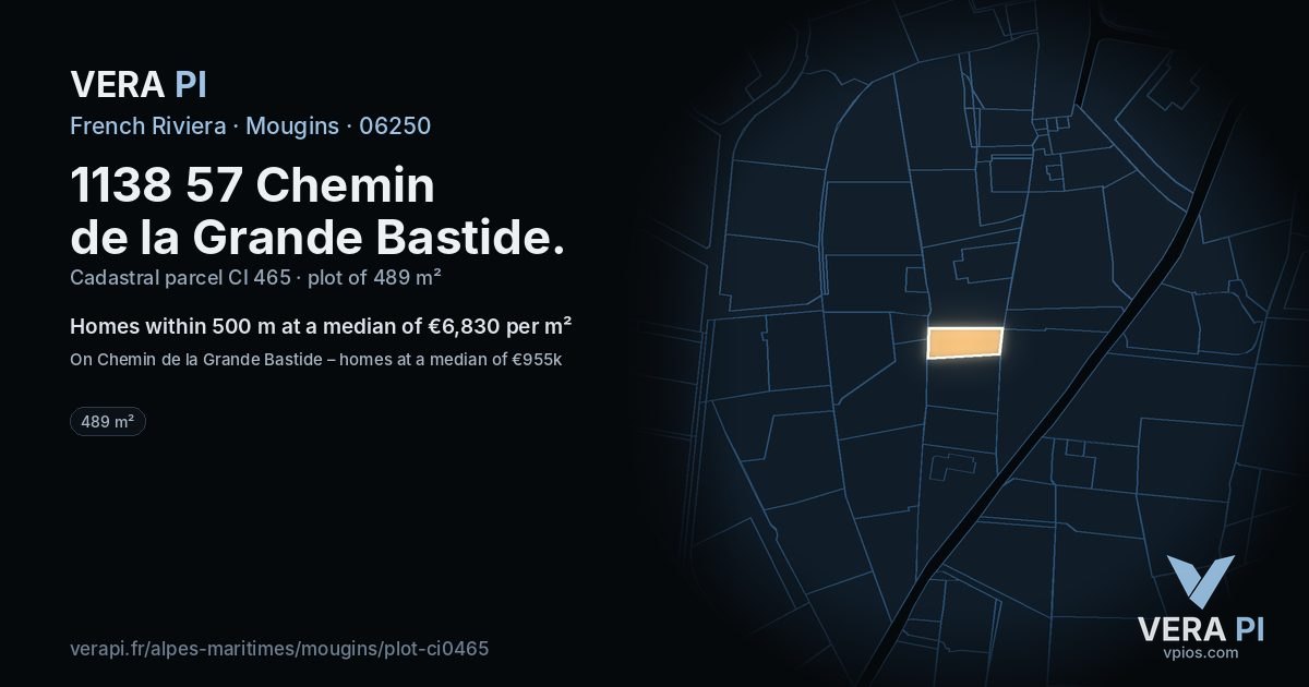 1138 57 Chemin de la Grande Bastide, Mougins at night – the plot lit, the parcels around coloured by the prices near them