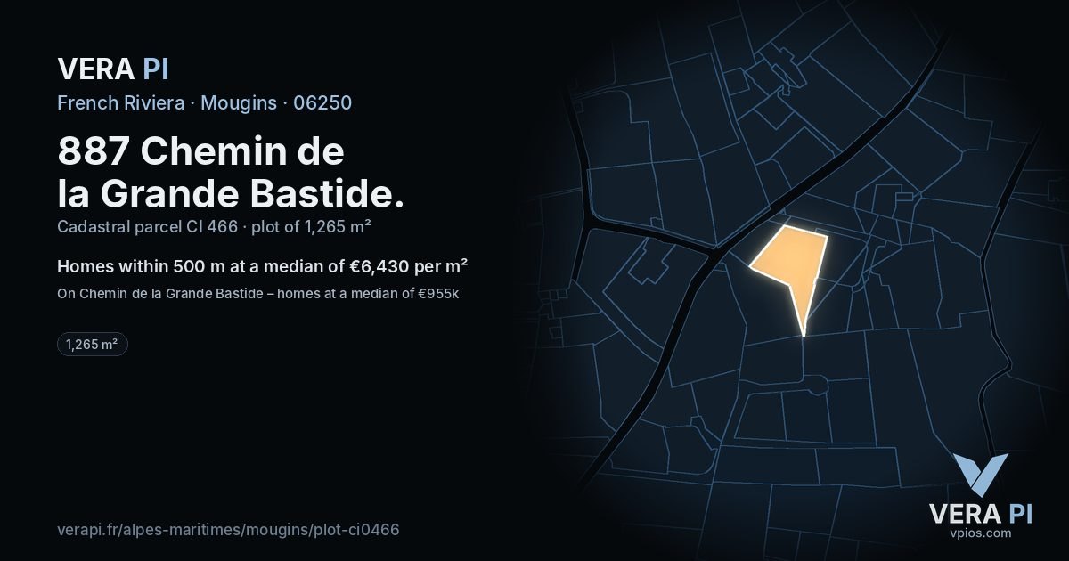 887 Chemin de la Grande Bastide, Mougins at night – the plot lit, the parcels around coloured by the prices near them