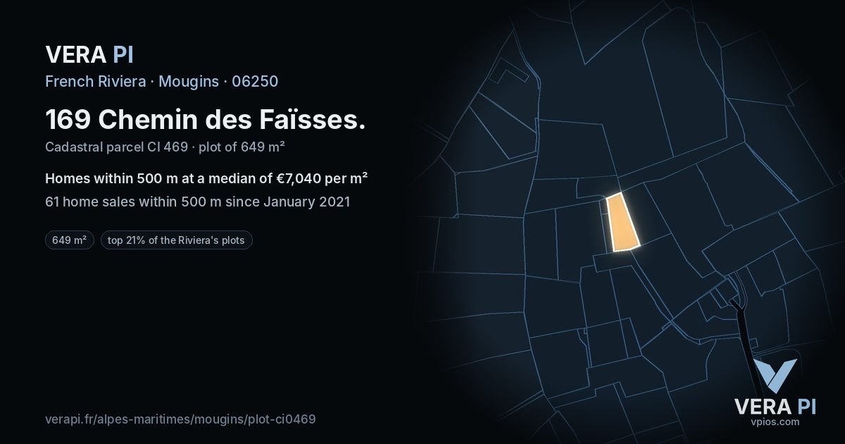 169 Chemin des Faïsses, Mougins at night – the plot lit, the parcels around coloured by the prices near them