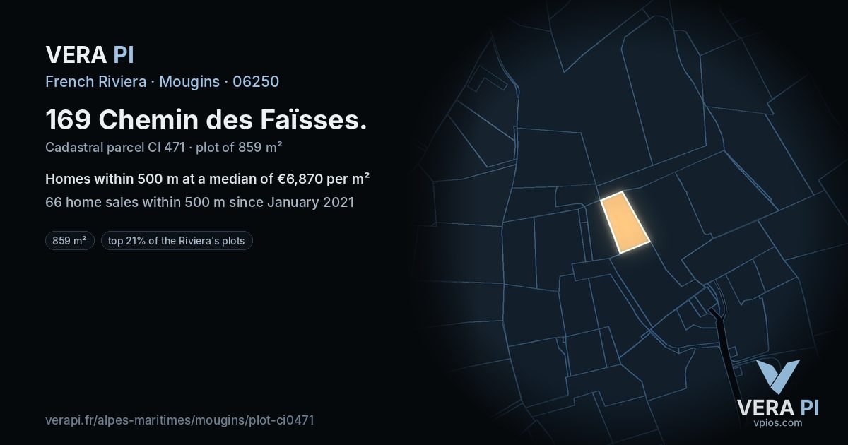 169 Chemin des Faïsses, Mougins at night – the plot lit, the parcels around coloured by the prices near them