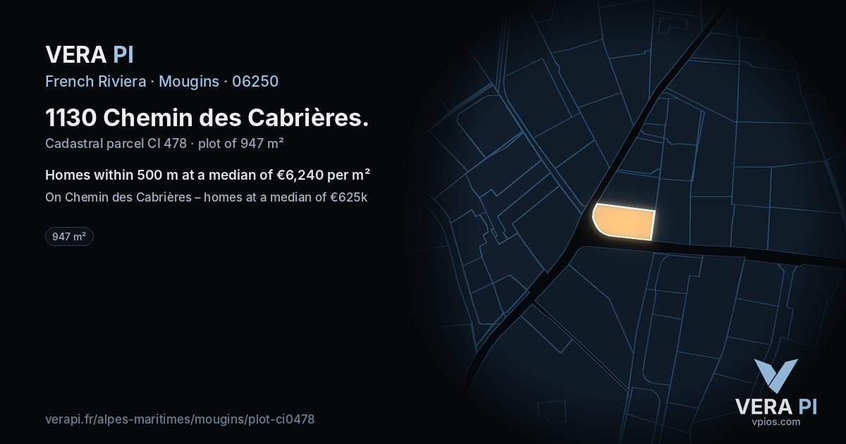 1130 Chemin des Cabrières, Mougins at night – the plot lit, the parcels around coloured by the prices near them