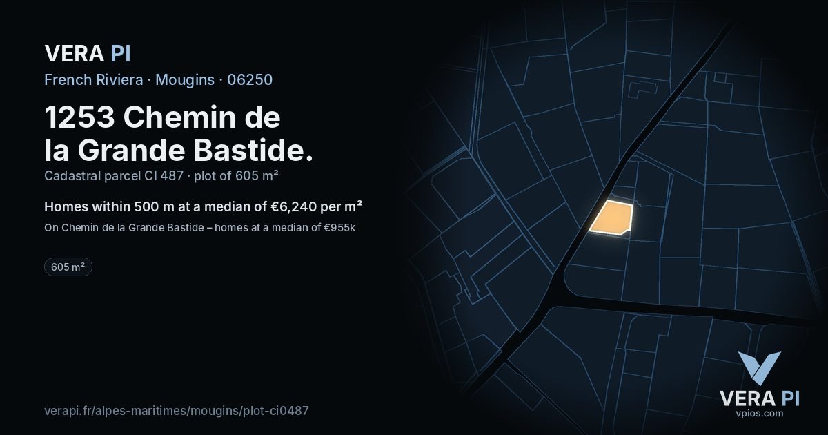 1253 Chemin de la Grande Bastide, Mougins at night – the plot lit, the parcels around coloured by the prices near them