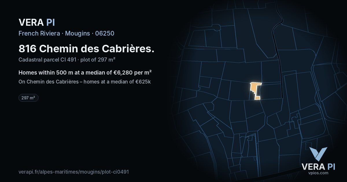 816 Chemin des Cabrières, Mougins at night – the plot lit, the parcels around coloured by the prices near them
