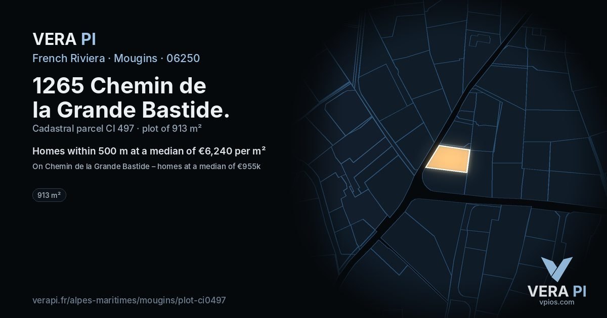 1265 Chemin de la Grande Bastide, Mougins at night – the plot lit, the parcels around coloured by the prices near them