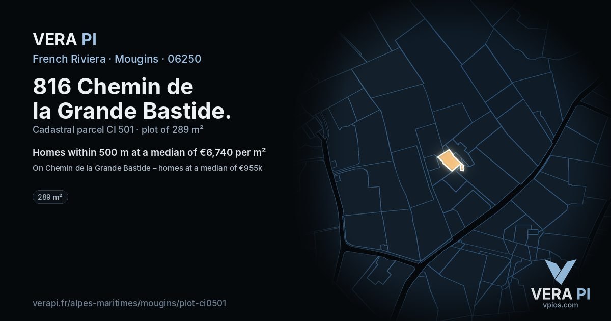 816 Chemin de la Grande Bastide, Mougins at night – the plot lit, the parcels around coloured by the prices near them