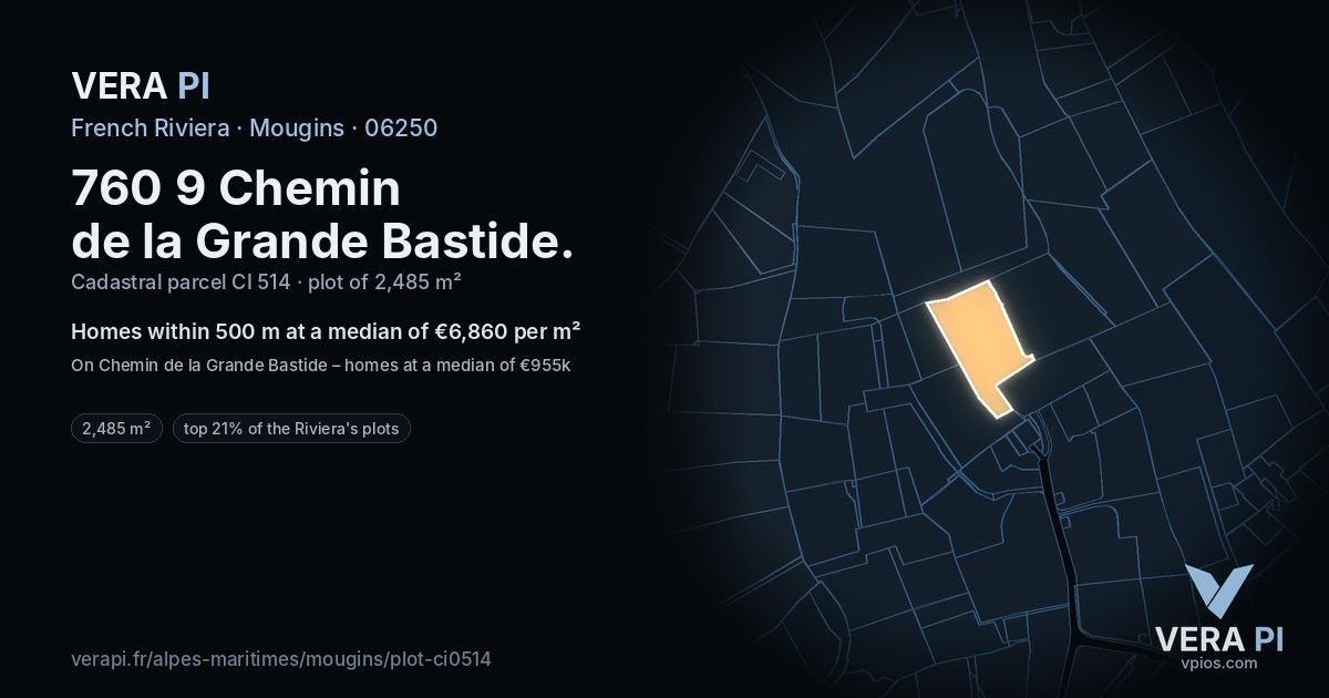 760 9 Chemin de la Grande Bastide, Mougins at night – the plot lit, the parcels around coloured by the prices near them