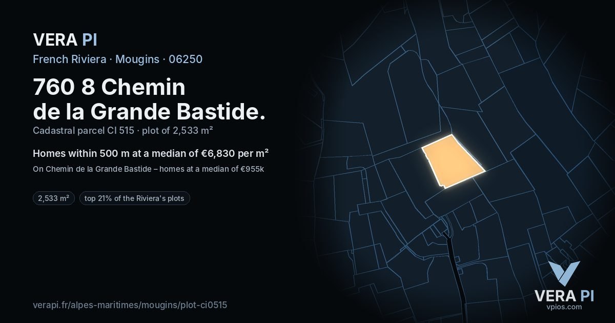760 8 Chemin de la Grande Bastide, Mougins at night – the plot lit, the parcels around coloured by the prices near them