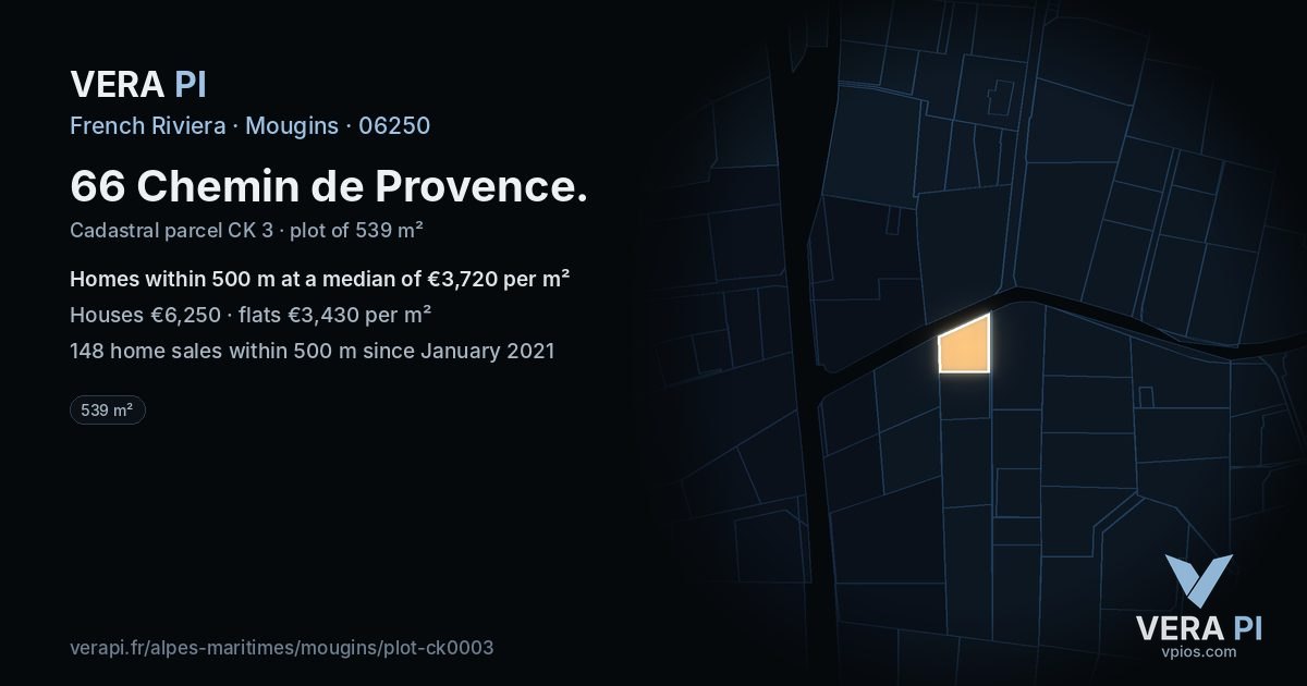 66 Chemin de Provence, Mougins at night – the plot lit, the parcels around coloured by the prices near them