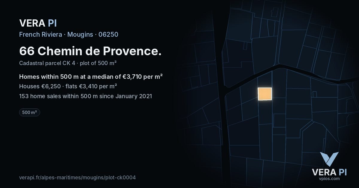 66 Chemin de Provence, Mougins at night – the plot lit, the parcels around coloured by the prices near them