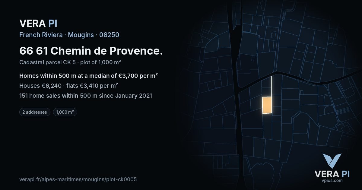 66 61 Chemin de Provence, Mougins at night – the plot lit, the parcels around coloured by the prices near them