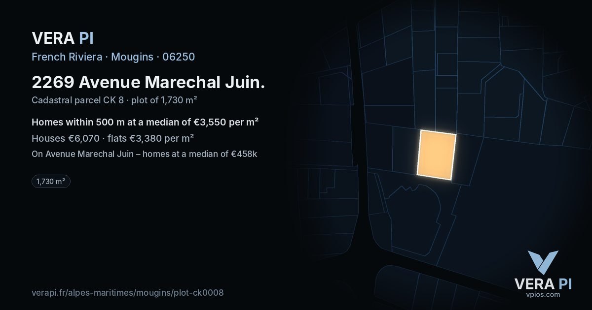 2269 Avenue Marechal Juin, Mougins at night – the plot lit, the parcels around coloured by the prices near them