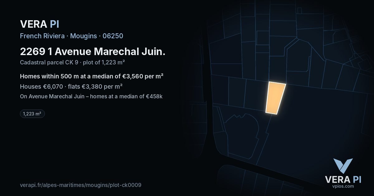 2269 1 Avenue Marechal Juin, Mougins at night – the plot lit, the parcels around coloured by the prices near them