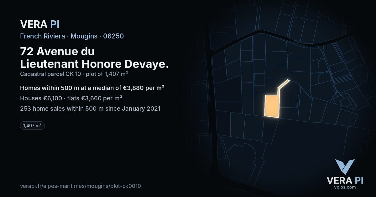 72 Avenue du Lieutenant Honore Devaye, Mougins at night – the plot lit, the parcels around coloured by the prices near them