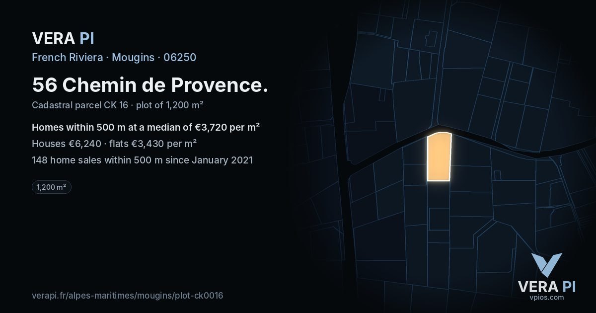 56 Chemin de Provence, Mougins at night – the plot lit, the parcels around coloured by the prices near them