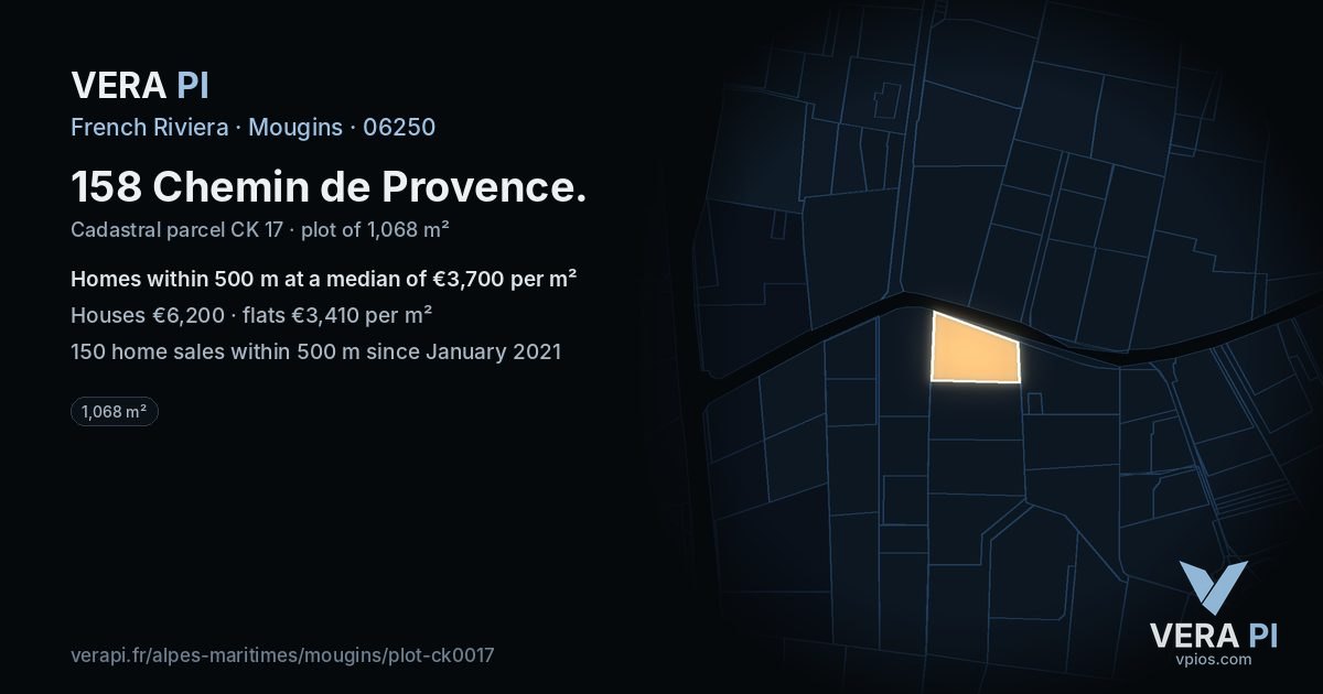 158 Chemin de Provence, Mougins at night – the plot lit, the parcels around coloured by the prices near them