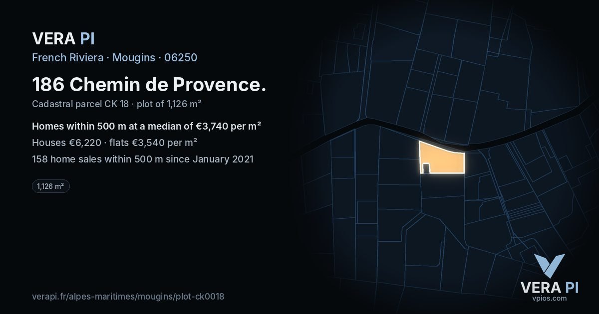 186 Chemin de Provence, Mougins at night – the plot lit, the parcels around coloured by the prices near them